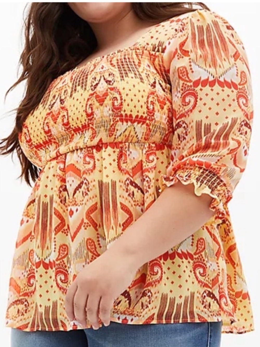Torrid Yellow Orange Smocked Square Neckline Sheer Sleeve Top Size 2X